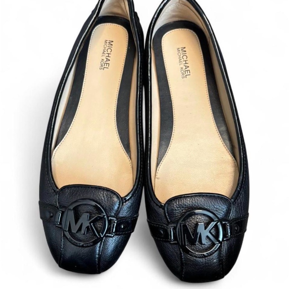 Michael Kors Black Leather Flats with MK Logo